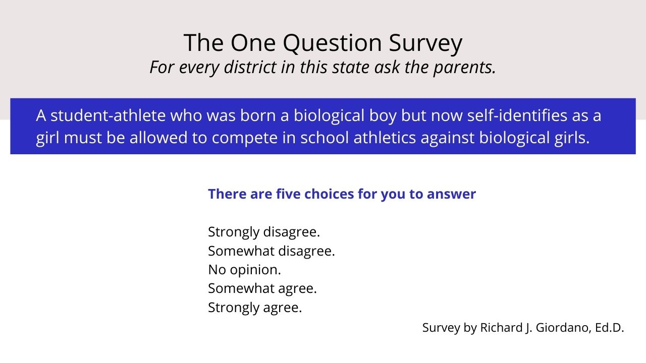 The One Question Survey, For every district in this state ask the parents. A student-athlete who was born a biological boy but now self-identifies as a girl must be allowed to compet